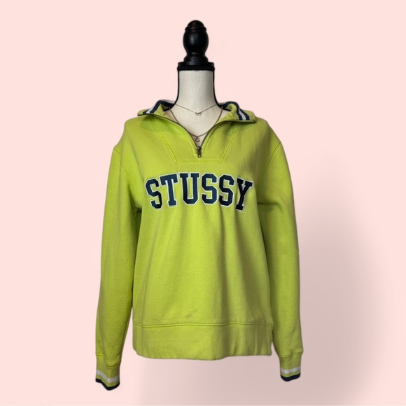 Stussy Vintage Lime Green Navy Blue Logo Quarter Zip Sweatshirt - Picture 1 of 7